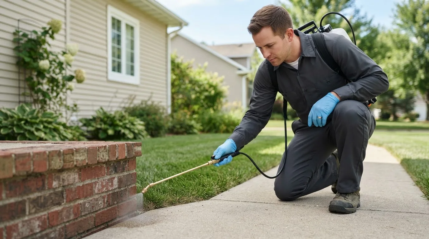 Pest control technician treating a home near Peru, IL